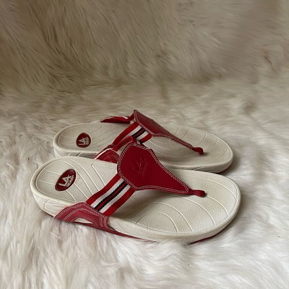 La Gear leather and fabric White,red and Blue t wedge thong sandals size…